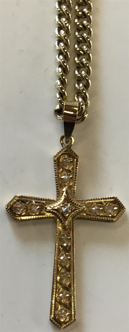 Yellow gold and diamond set cross on 9ct gold curb-link neck chain(-)